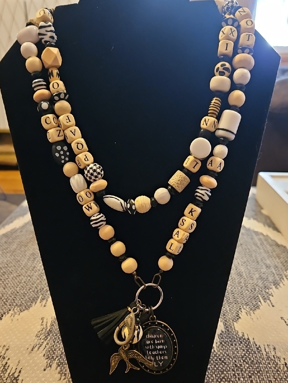 Plunder Black and Cream Beaded Layered Necklace with Charms